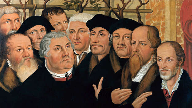 Kopie nach dem Meienburgischen Epitaph von Lucas Cranach d. J. zeigt eine Gruppe von Reformatoren um Martin Luther: v. l. Johannes Forster, Georg Spalatin, Martin Luther, Johannes Bugenhagen, Erasmus von Rotterdam, Justus Jonas, Caspar Cruciger und Philip