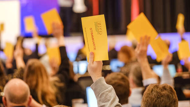 Gelbe Stimmkarte im Plenum