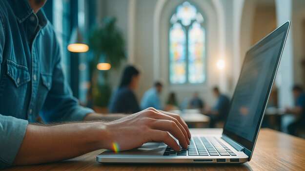 Mann am Notebook in sakraler Umgebung