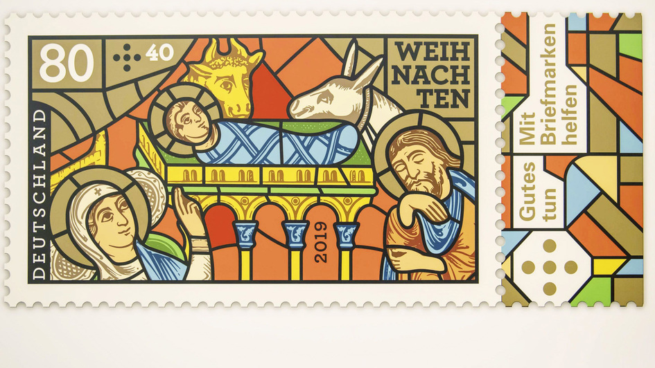 Sonderbriefmarke zu Weihnachten 2019 mit Motiv der Geburt Christi