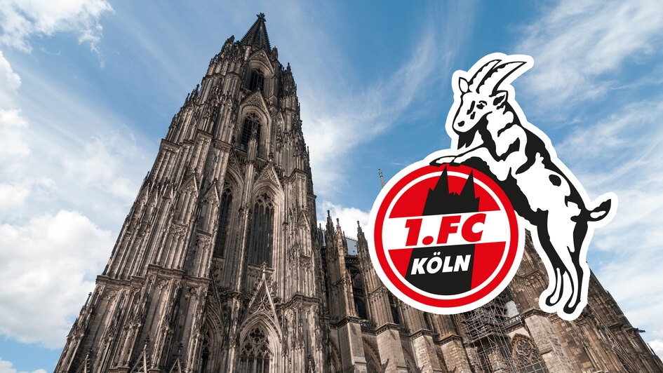 Der Kölner Dom bei blauem Himmel, im Vordergrund das Logo des 1. FC Köln mit dem charakteristischen Geißbock, das Symbol des Fußballvereins. Fan-Andacht im Dom: 777 Jahre Grundsteinlegung und 77 Jahre FC Koeln
