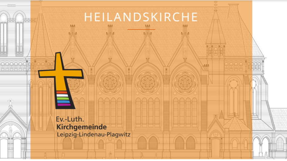 Headergrafik der Ev.-Luth. Kirchgemeinde Leipzig-Lindenau-Plagwitz mit gezeichneter Kirchenfassade der Heilandskirche und farbigem Gemeindelogo mit stilisiertem Kreuz