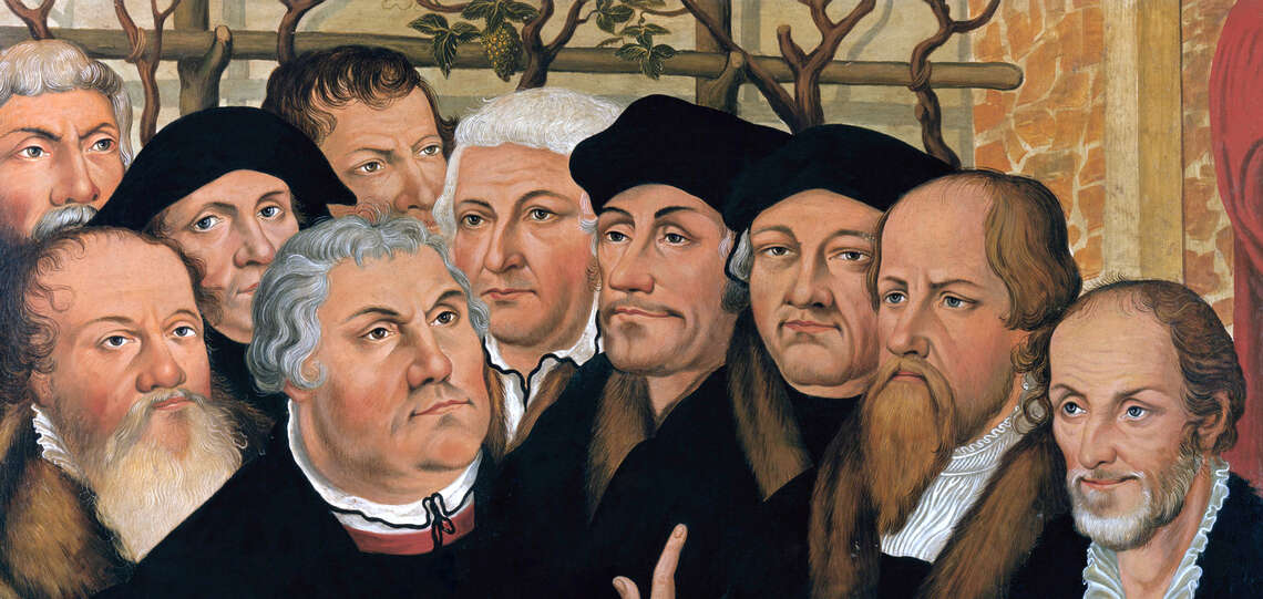 Kopie nach dem Meienburgischen Epitaph von Lucas Cranach d. J. zeigt eine Gruppe von Reformatoren um Martin Luther: v. l. Johannes Forster, Georg Spalatin, Martin Luther, Johannes Bugenhagen, Erasmus von Rotterdam, Justus Jonas, Caspar Cruciger und Philip