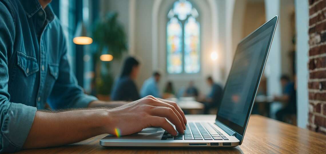 Person am Notebook in sakraler Umgebung