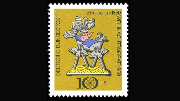 Die erste Sonderbriefmarke zu Weihnachten von 1969 zeigt dsa Jesuskind in der Krippe